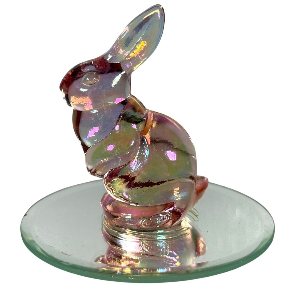 Fenton Iridescent Pink Carnival Glass Sitting Rabbit Figurine USA W/Mirror